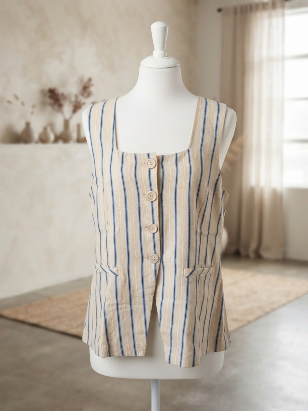 Blue Sol Striped Linen Blend Button Front Vest Preppy Coastal Nautical Resort